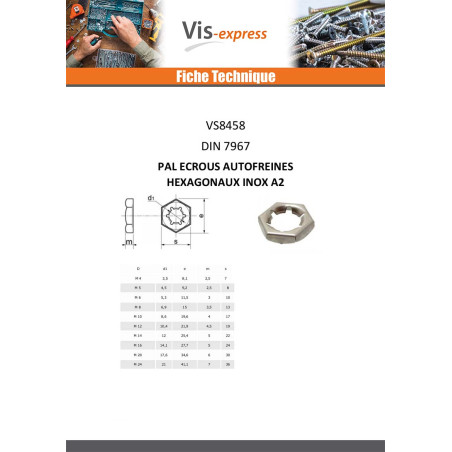1 x Pal Ecrous autofreinés hexagonaux Inox A2 M14