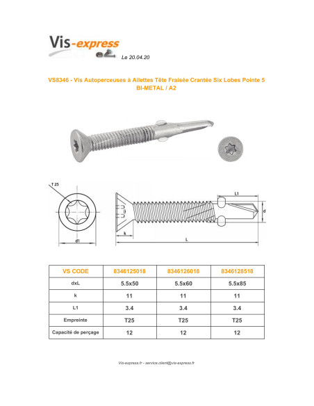 1 x Vis autoperceuse Bimétal Tête fraisée TORX T25 Foret Long 5.5X60