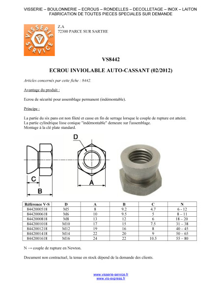 1 x Ecrou Inviolable Auto-cassant Inox A2 M16