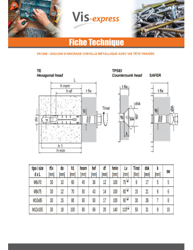 1 x Goujon Ancrage Cheville METAL 82X105 Vis...