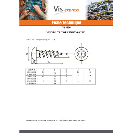 1 x VBA Vis bois agglo Inox A2 Tête ronde TR 5X100 Filetage total TORX T25