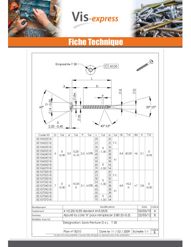 1 x Vis Penture 6X25 Filetage total TORX T30...