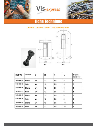 1 x Vis relieur M6X80 Diamètre Tube 8 nylon...