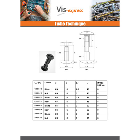 1 x Vis relieur M6X75 Diamètre Tube 8 nylon noir 2 pièces Mâle femelle