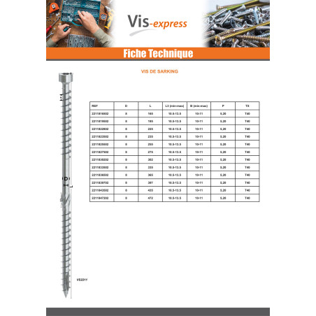 1 x Vis de sarking Tête cylindrique TC double filetage TORX T40 8X255 Acier zingué