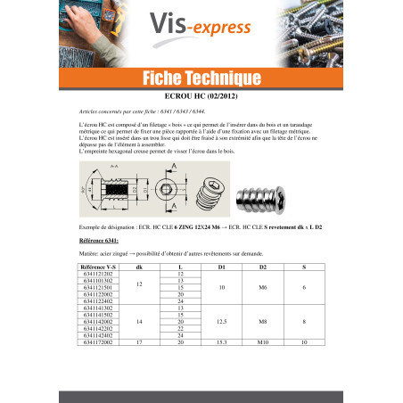 1 x Ecrou Clé de 6 HC6 M6 12X24 Acier zingué