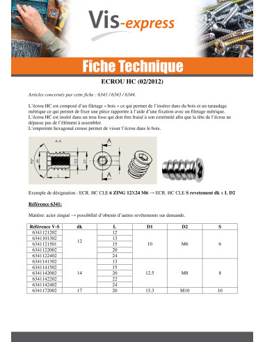 1 x Ecrou Clé de 6 HC6 M6 12X20 Acier zingué