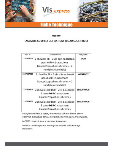 1 x KIT Fixation WC Vis Inox 6X70 Fischer