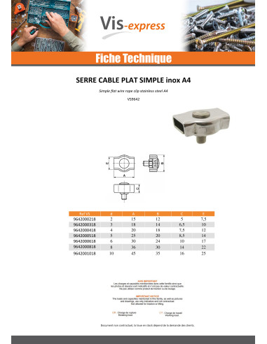 1 x Serre cable plat simple Inox A4 Diamètre 2