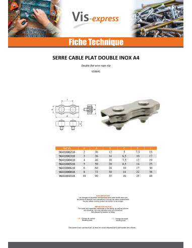 1 x Serre cable plat double Inox A4 Diamètre 10