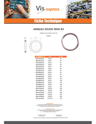 1 x Anneau soudé Inox A4 10X60