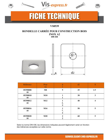 1 x Rondelle carrée pour construction bois M20...