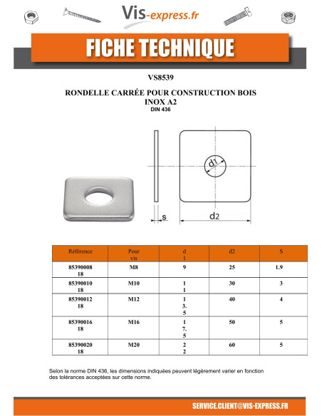 1 x Rondelle carrée pour construction bois M20 22X60X5 Inox A2