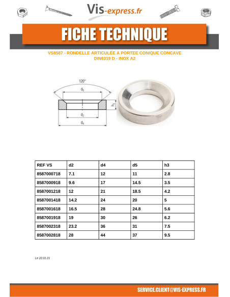 1 x Rondelle CONCAVE Forme D Inox A2 23.2X36X7.56