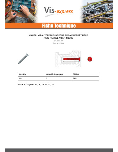 1 x Vis autoperceuse PVC Métaux Tête fraisée...