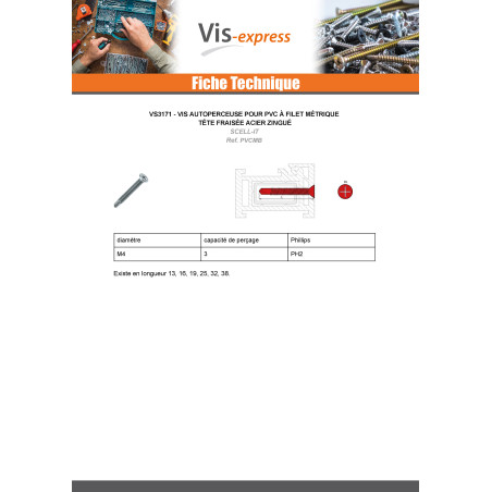 1 x Vis autoperceuse PVC Métaux Tête fraisée Phillips n° 2 4X13 Acier zingué