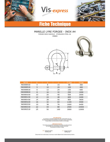 1 x Manille LYRE Forgée Inox A4 Diamètre 14