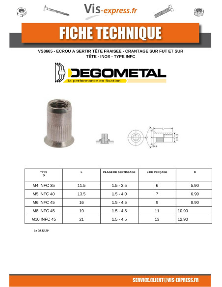 1 x Ecrou à sertir Tête fraisée Cranté M8X19 INFC 45 Inox A2