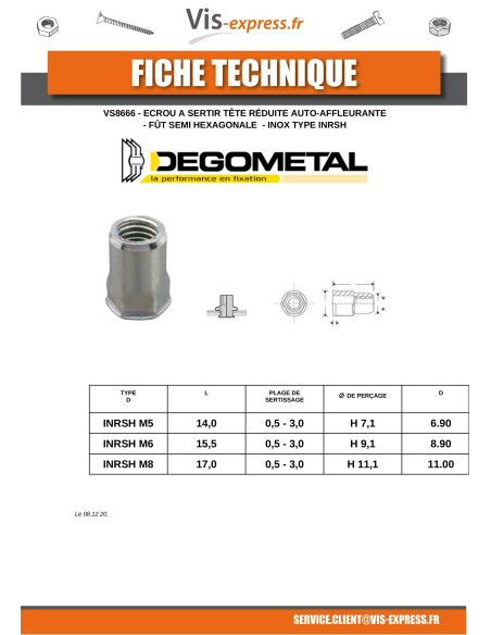 1 x Ecrou Tête réduite SEMI Hexagonal M6X15.5 INRSH IN