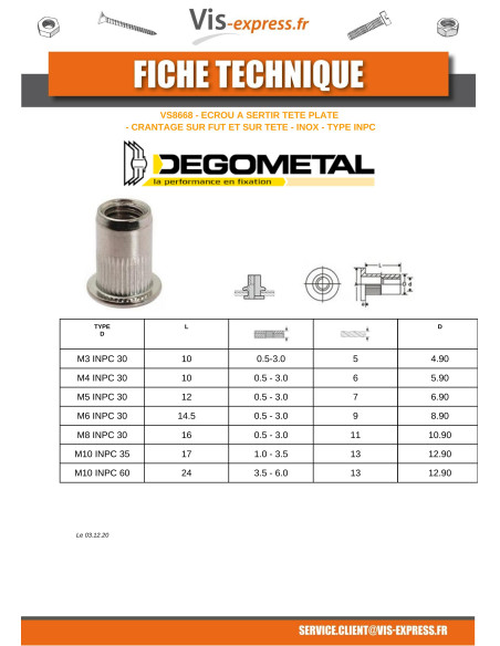 1 x Ecrou à sertir Tête plate TP Cranté M5X12 INPC 30 Inox