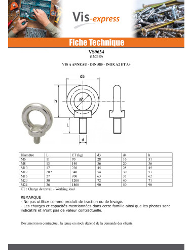 1 x Vis Anneau de levage M16X27 Inox A2