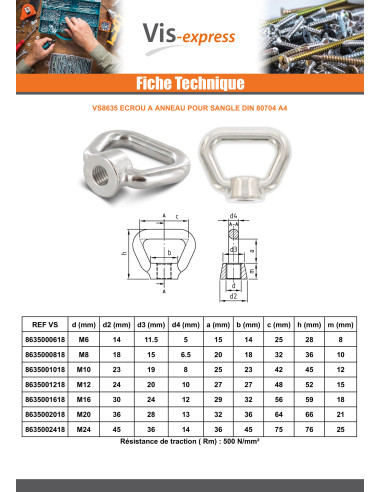 1 x Ecrou à Anneau Pour SANGLE M8 Inox A4