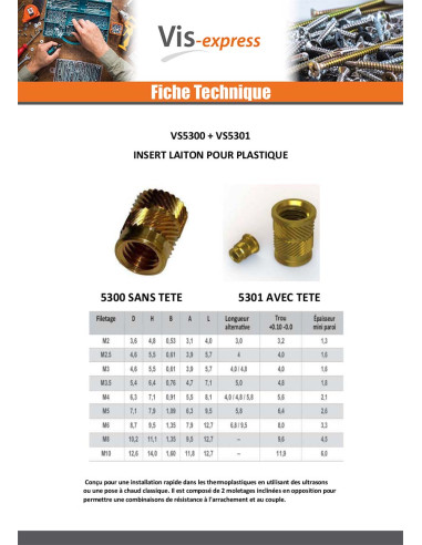 1 x Insert Avec Tête SONICFIX Laiton M3X5.7