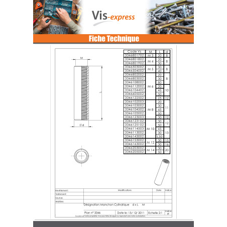 1 x Manchon Cylindrique M10X30 Diamètre Extèrieur 12 Acier zingué