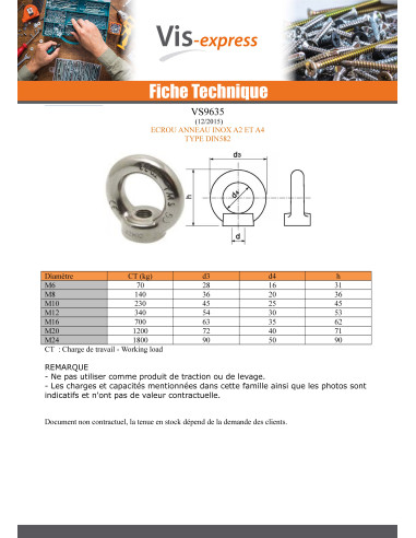 1 x Ecrou à Anneau de levage M5 Inox A2
