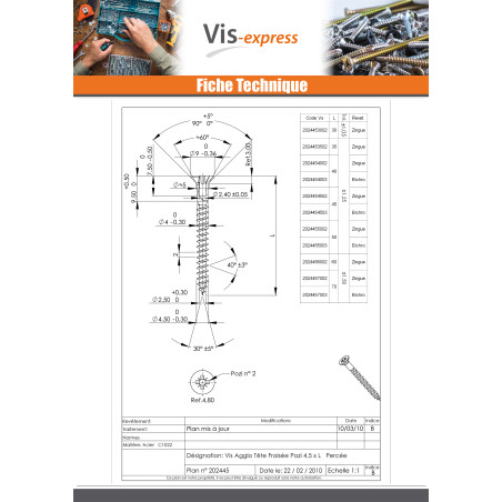 1 x VBA Vis bois agglo Tête fraisée Pozi N°2 4.5X40 Percée Bichromaté