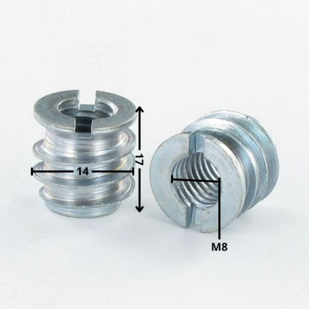 1 x Insert fileté bois fendu Acier brut M8 Pas de 150 14X17