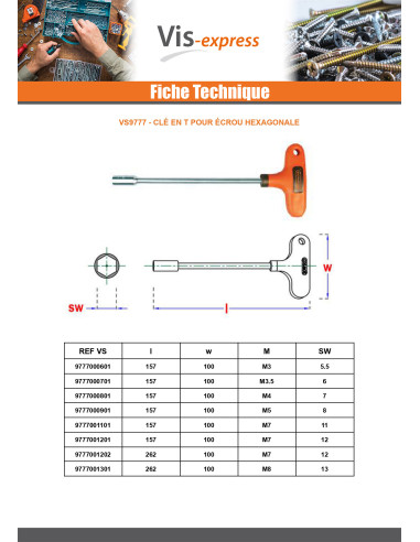 1 x Clé en T Pour Ecrou hexagonale 13X262