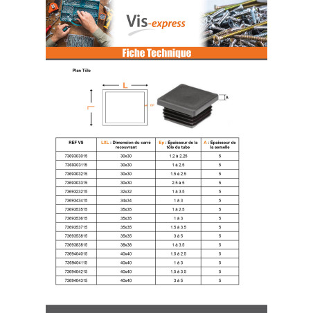 1 x Bouchon carré 60X60 épaisseur tole du tube 1.5 à 3.5 Polyethylène noir