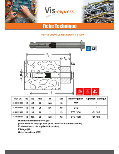 1 x Cheville Inox Fischer FH II 12/25 S R