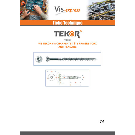 1 x Vis charpente TEKOR Tête fraisée Cranté TORX T40 8X200 Filetée sur 80 Pointe antifendage type 17 Acier zingué