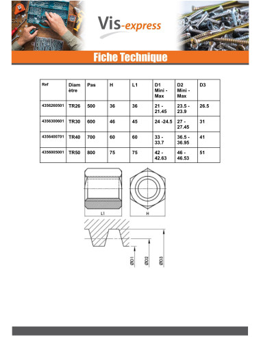 1 x Ecrou hexagonale SKM Tête ronde TR 14X4...
