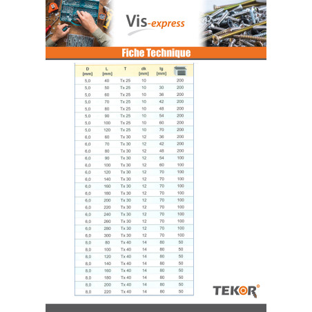 1 x Vis charpente TEKOR Tête fraisée Cranté TORX T20 4X25 Filetée sur 15 Pointe antifendage type 17 Acier zingué