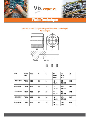1 x Ecrou hexagonale SKM Tête ronde TR 10X3...