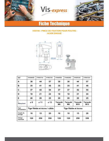 1 x Pince de fixation pour poutre Diamètre 11...