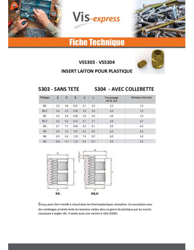 1 x Insert Avec Tête HEATFIX Laiton M6X12.7