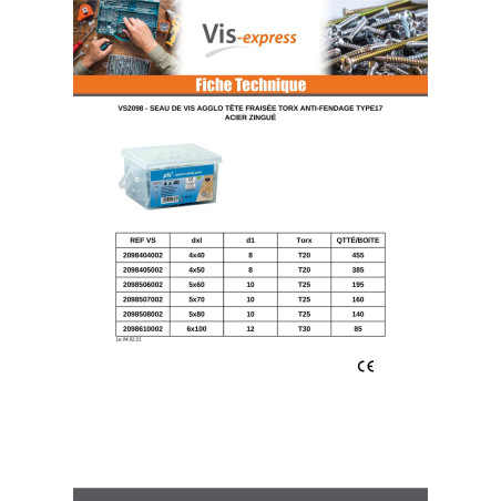 1 x Seau de 140 Vis bois agglo 5X80 Tête fraisée TORX T25 Pointe antifendage type 17 Acier zingué