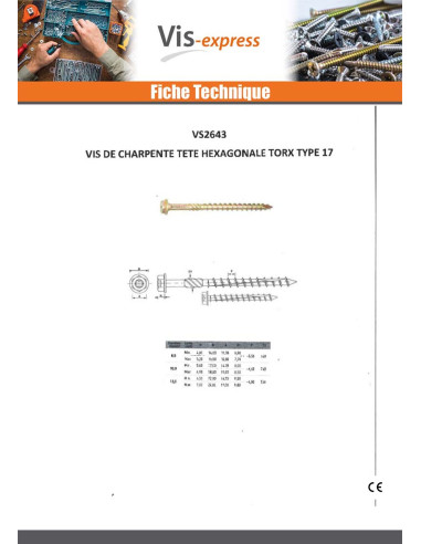 1 x Vis charpente TEKOR Tête hexagonale TH...