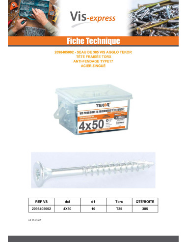 1 x Seau de 385 Vis bois TEKOR 4X50 Tête...