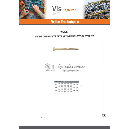 1 x Vis charpente TEKOR Tête hexagonale TH Pointe antifendage type 17 10X200 Filetée sur 80 TORX T40 zingué cr3 96 hbs