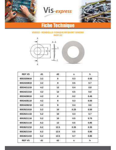 1 x Rondelle Conique RESSORT Inox 3.2X6X0.3