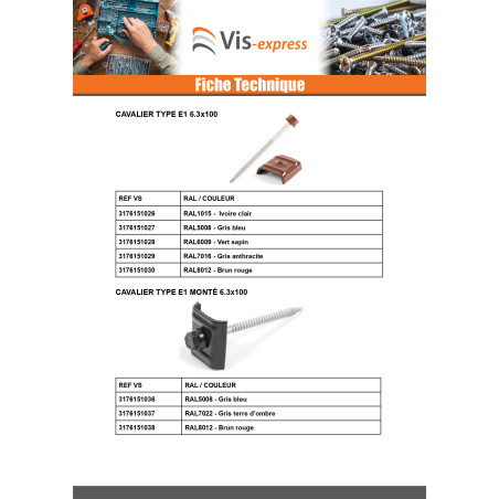 1 x Vis autoperceuse avec cavalier monté pour toiture Type E1 RAL8012 brun rouge 6.3X100