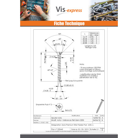 1 x VBA Vis bois agglo Premium Tête fraisée Pozi N°2 4.5X45 Acier zingué