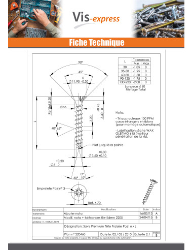 1 x VBA Vis bois agglo Premium Tête fraisée...