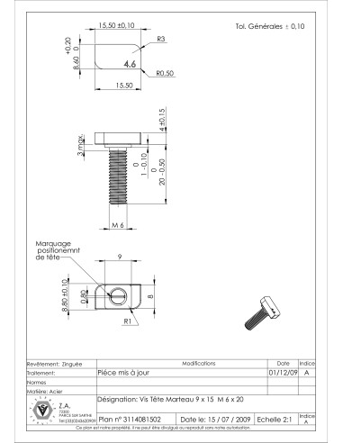 1 x Vis métaux Tête marteau M6X20 20X12 Classe...
