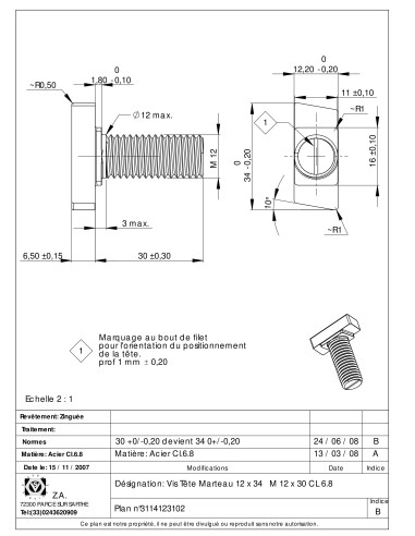 1 x Vis métaux Tête marteau M12/30 12X34 Classe...